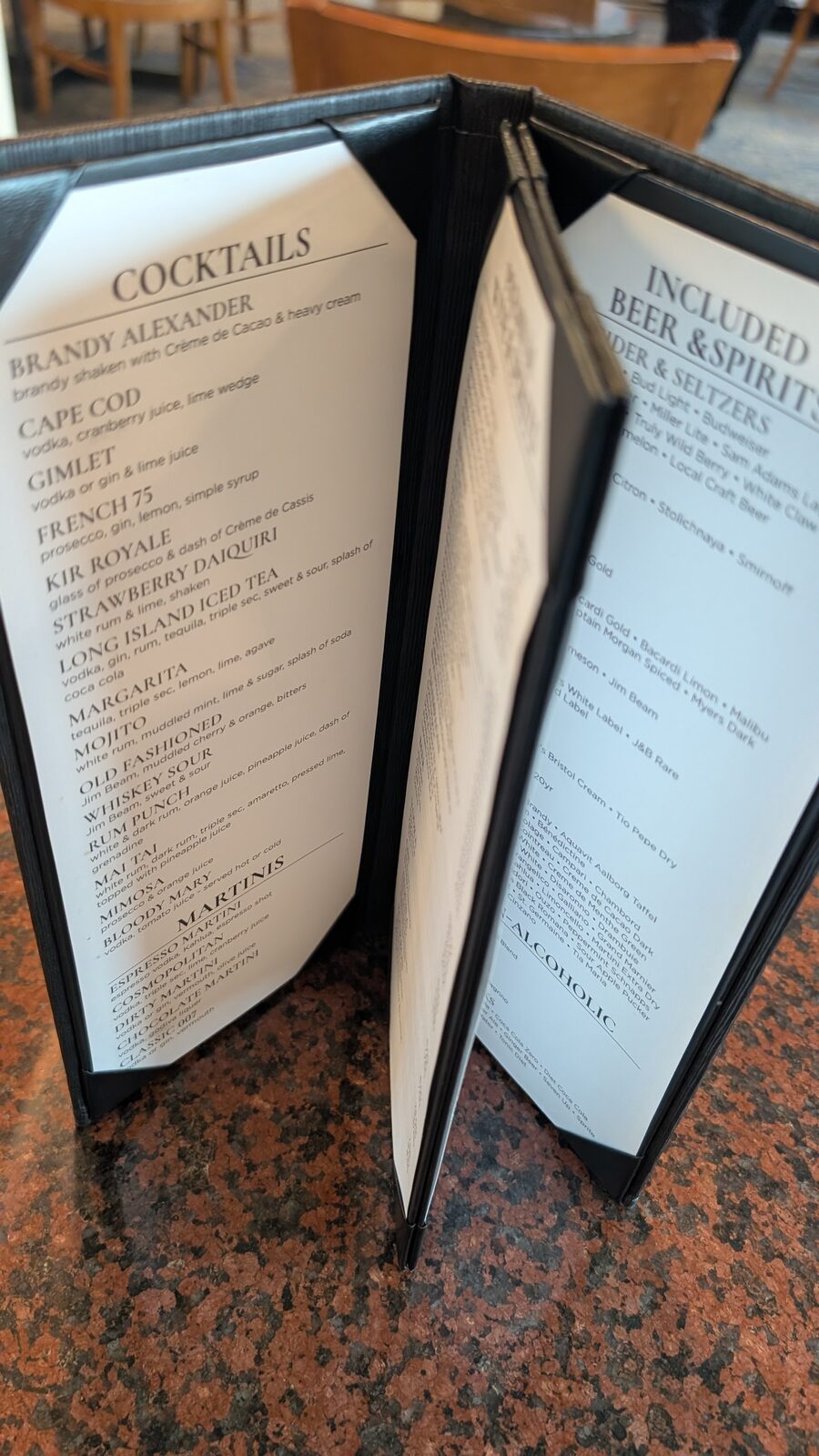Victory II cocktail menu listing classic cocktails and included beer and spirits