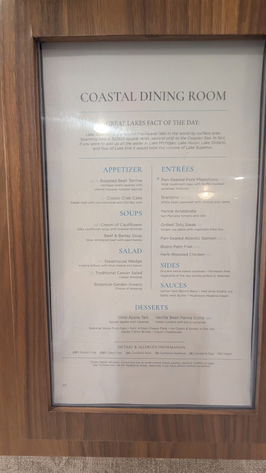 Coastal Dining Room dinner menu with a Great Lakes fact of the day