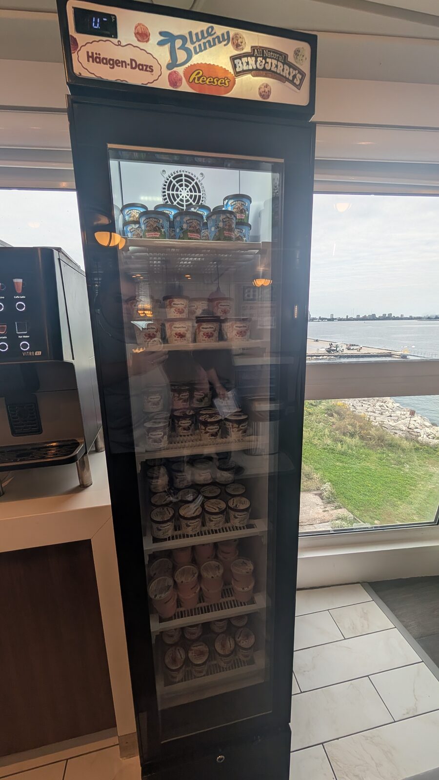 Ice cream freezer stocked with pints in The Grill on Victory II