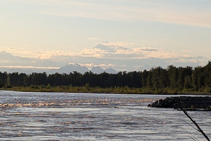 Denali and the Alaska Range rising above the river near Talkeetna on a clear day